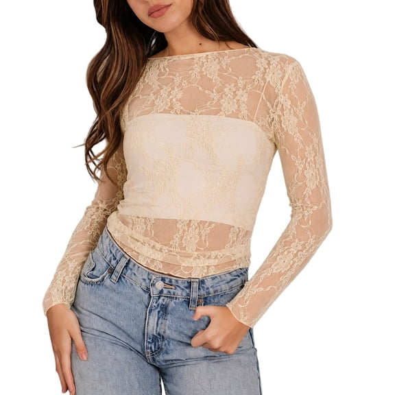 Sewkxo Womens Tops Lace See Through Long Sleeve Tee Shirts Elegant Mesh For Casual Party Going Out Tops Classic,Beige L