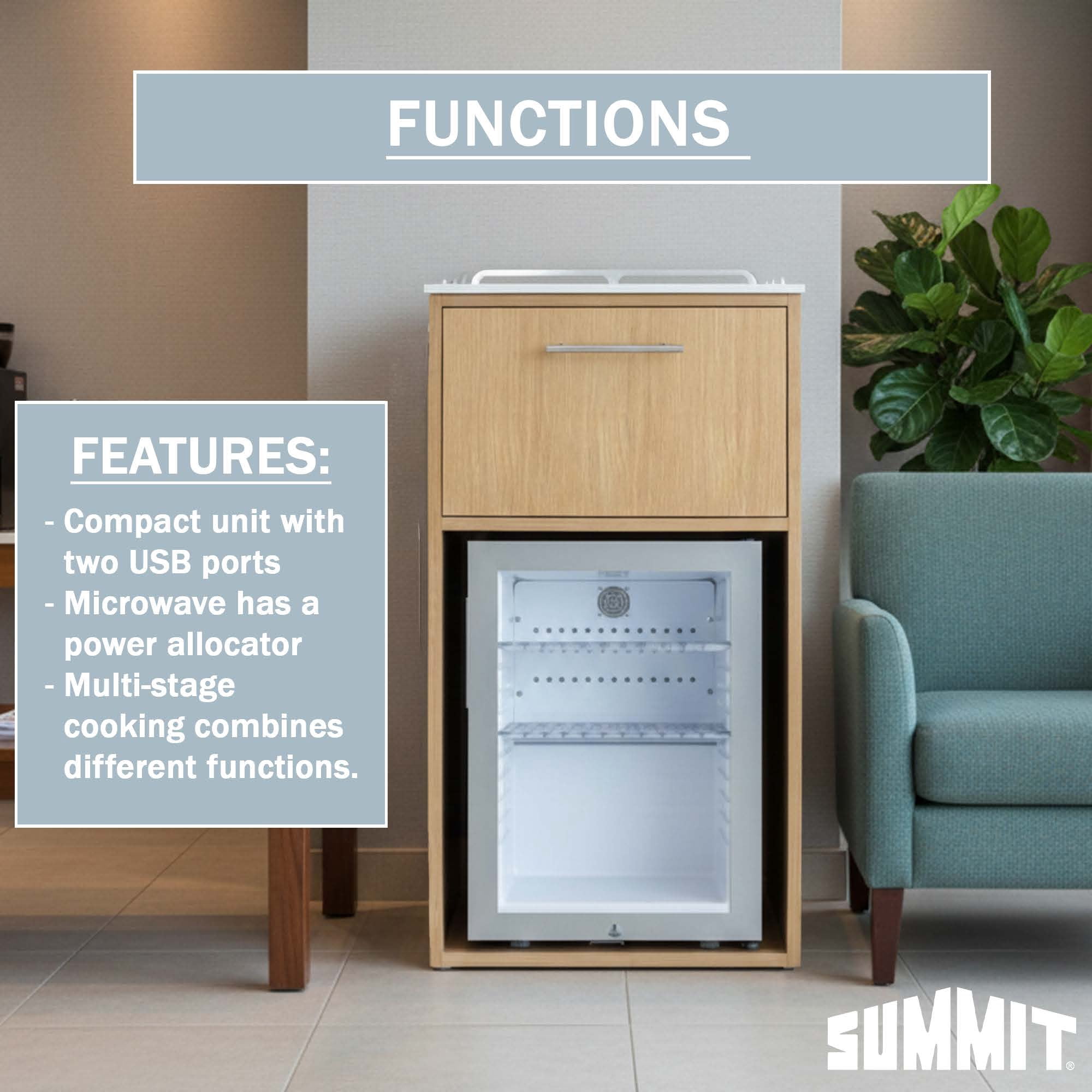Summit 21 Inch Coffee Station With Minibar and Microwave, 1.2 cu.ft. Refrigeration Capacity, Hospitality Cabinet, White, Stainless Steel - QCSMW1OAKW