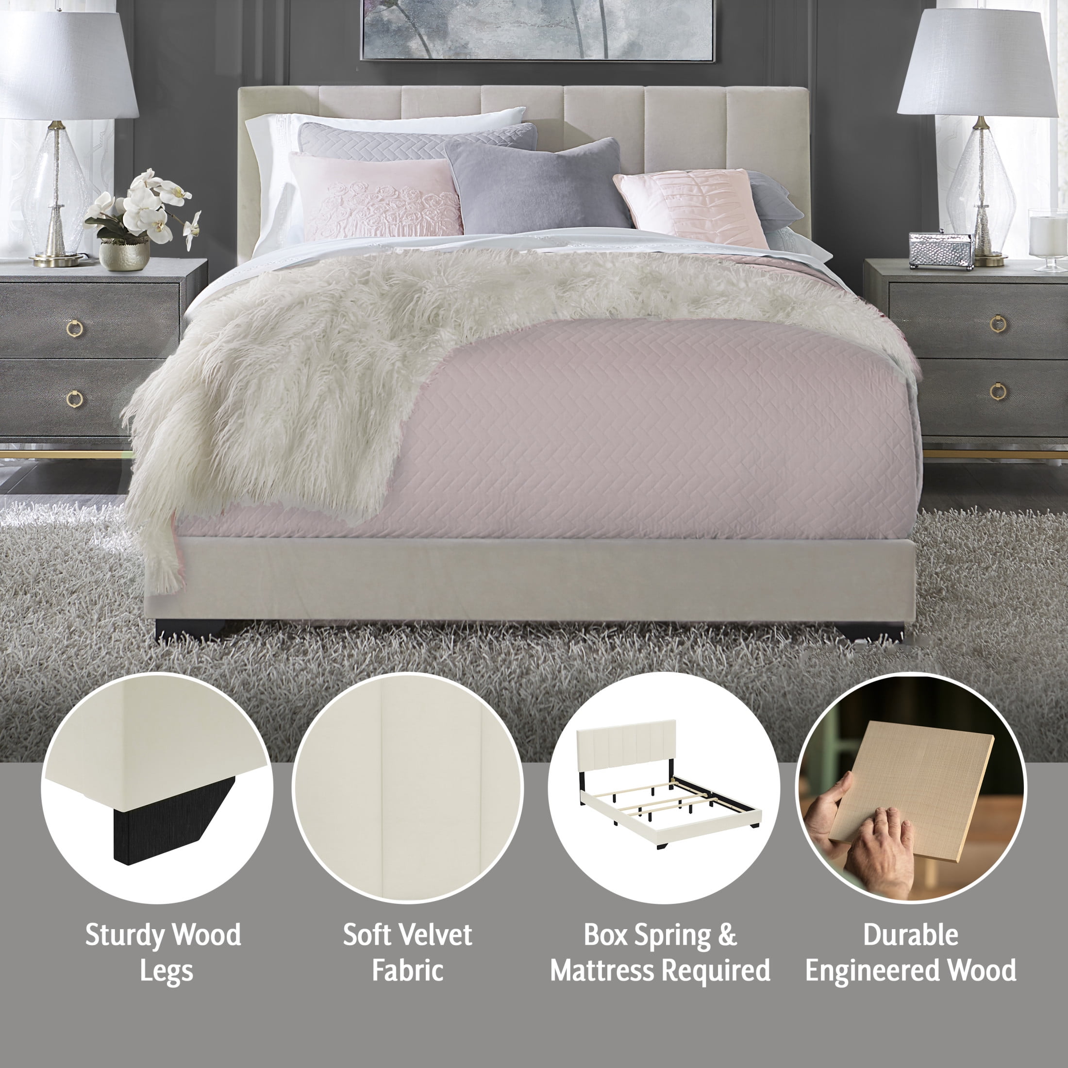 Reece Channel Stitched Upholstered Queen Bed, Ivory, by Hillsdale Living Essentials