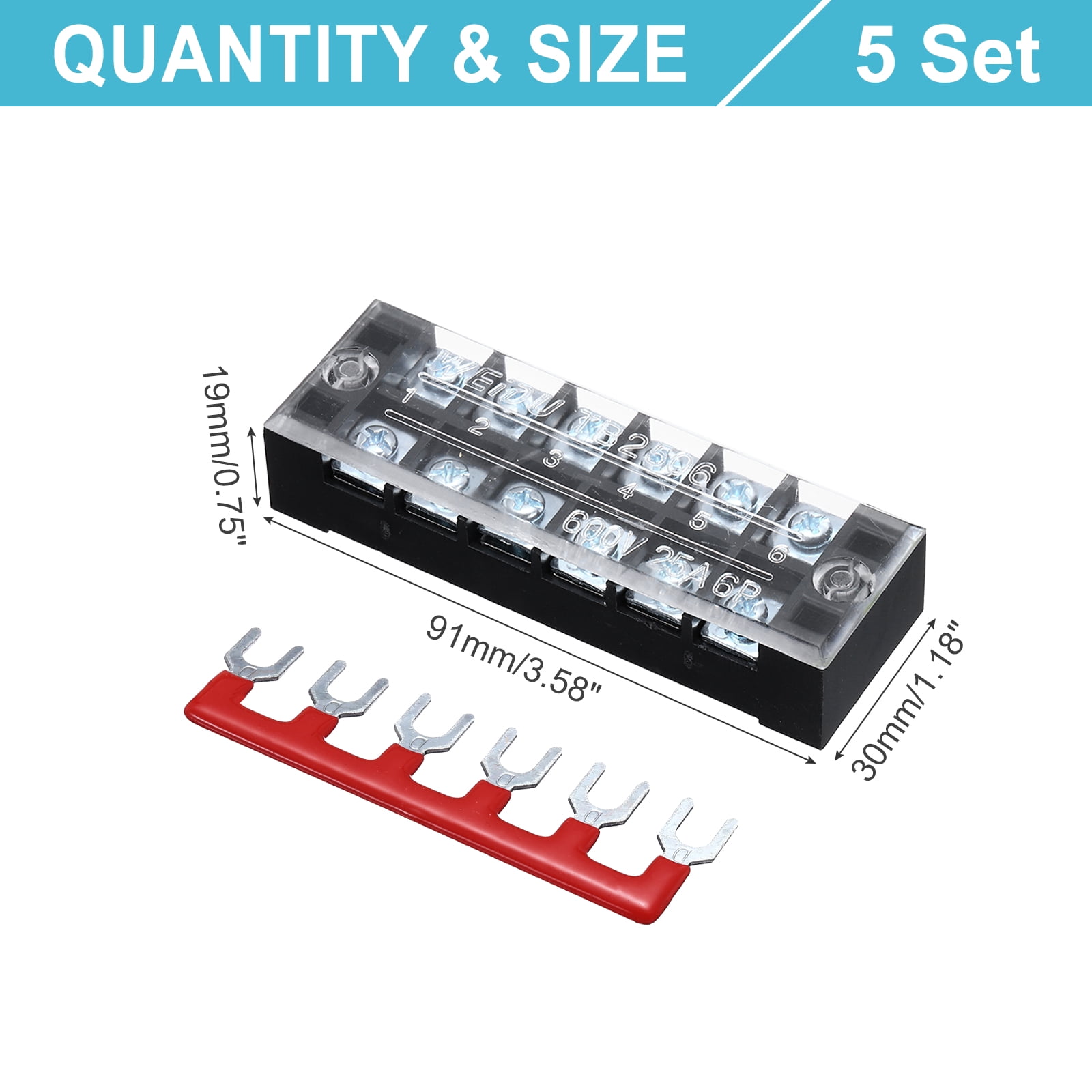 Uxcell 5 Pcs Dual Row Terminal Block, 600V 25A 6 Positions Screw Terminal Block with 10PCS Pre-Insulated Barrier Strips for Power System, Home Appliances