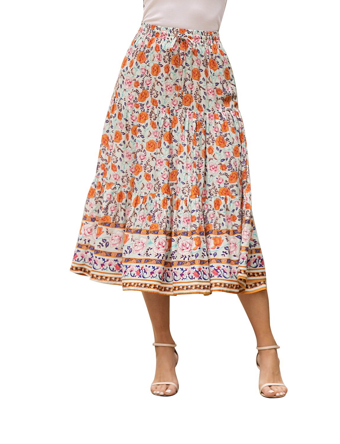 Women's Bohemian Floral Printed Ethnic Style Elastic Waist A Line ...