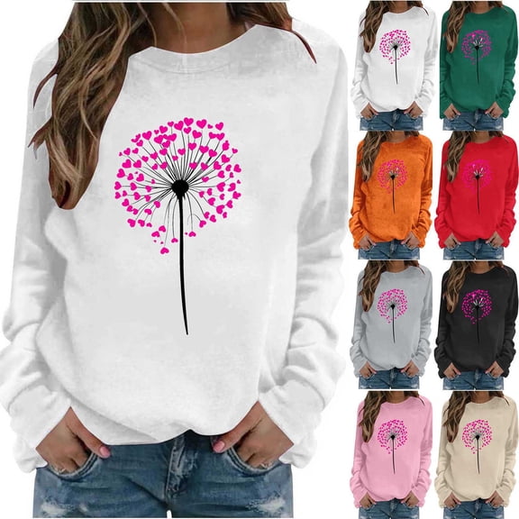 AGWOLF Valentines Shirts for Women Long Sleeve Dandelion Graphic Tees Tops Casual Crew Neck Pullover Funny Print Holiday Tshirts Valentines Day Gifts for Women