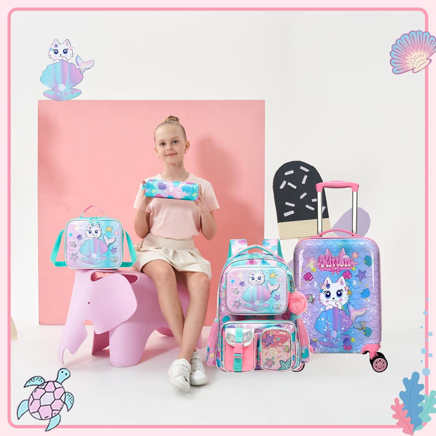 Kids Carry on Luggage Sets Rolling Pink Suitcases with Wheels with Travel Pillow Backpack Lunch Box 5 In 1 for Toddlers Travel