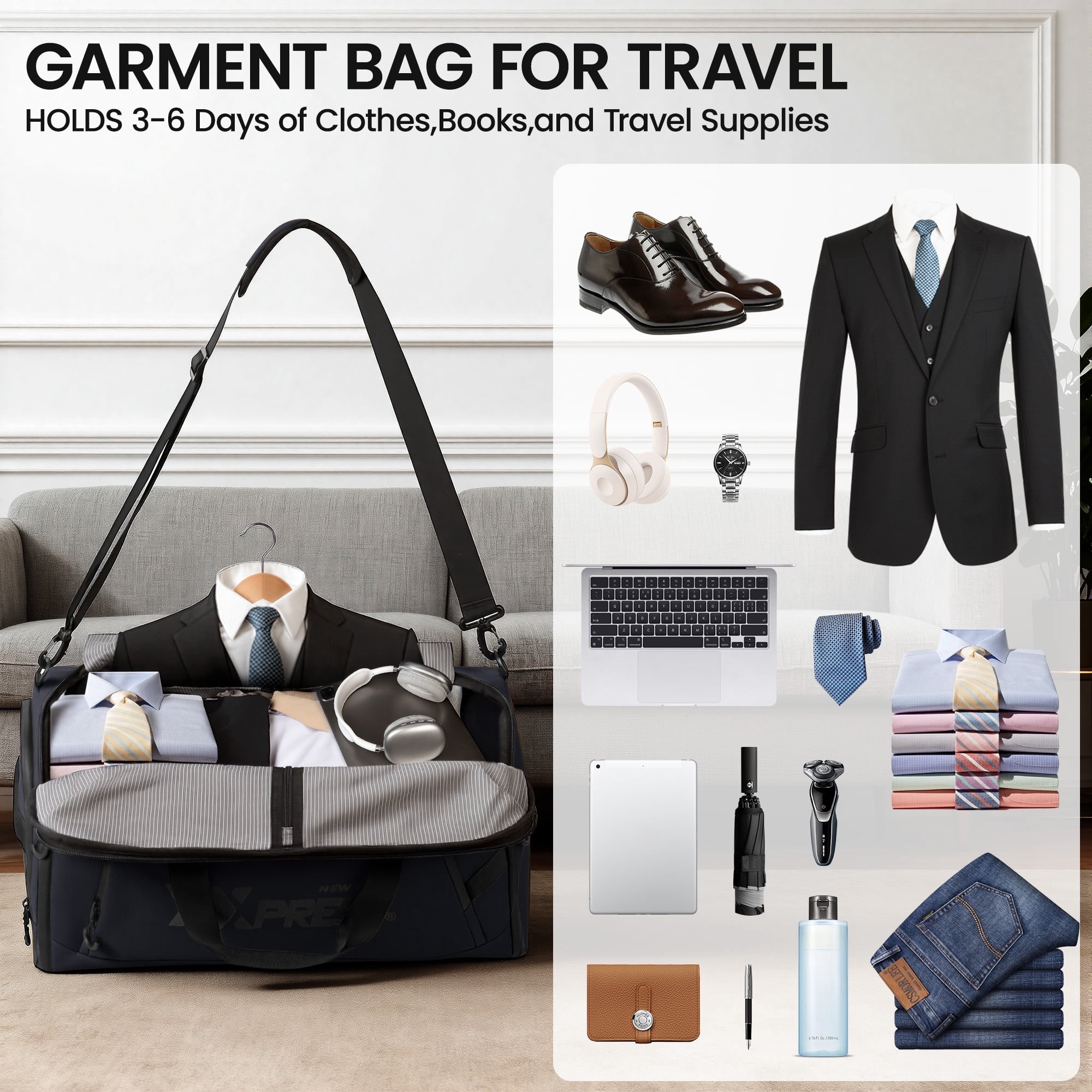 Convertible Garment Duffel Bag with Shoulder Strap, Foldable Duffle Bag for Men Women, 2-in-1 Hanging Suitcase Suit Travel Bag, Navy - GB261