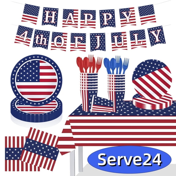 4th of July Decoration Patriotic Party Supplies Paper Plate Banner Tablecloth Napkins Disposable for Independence Day Memorial Day Serve 24 Pattern 1