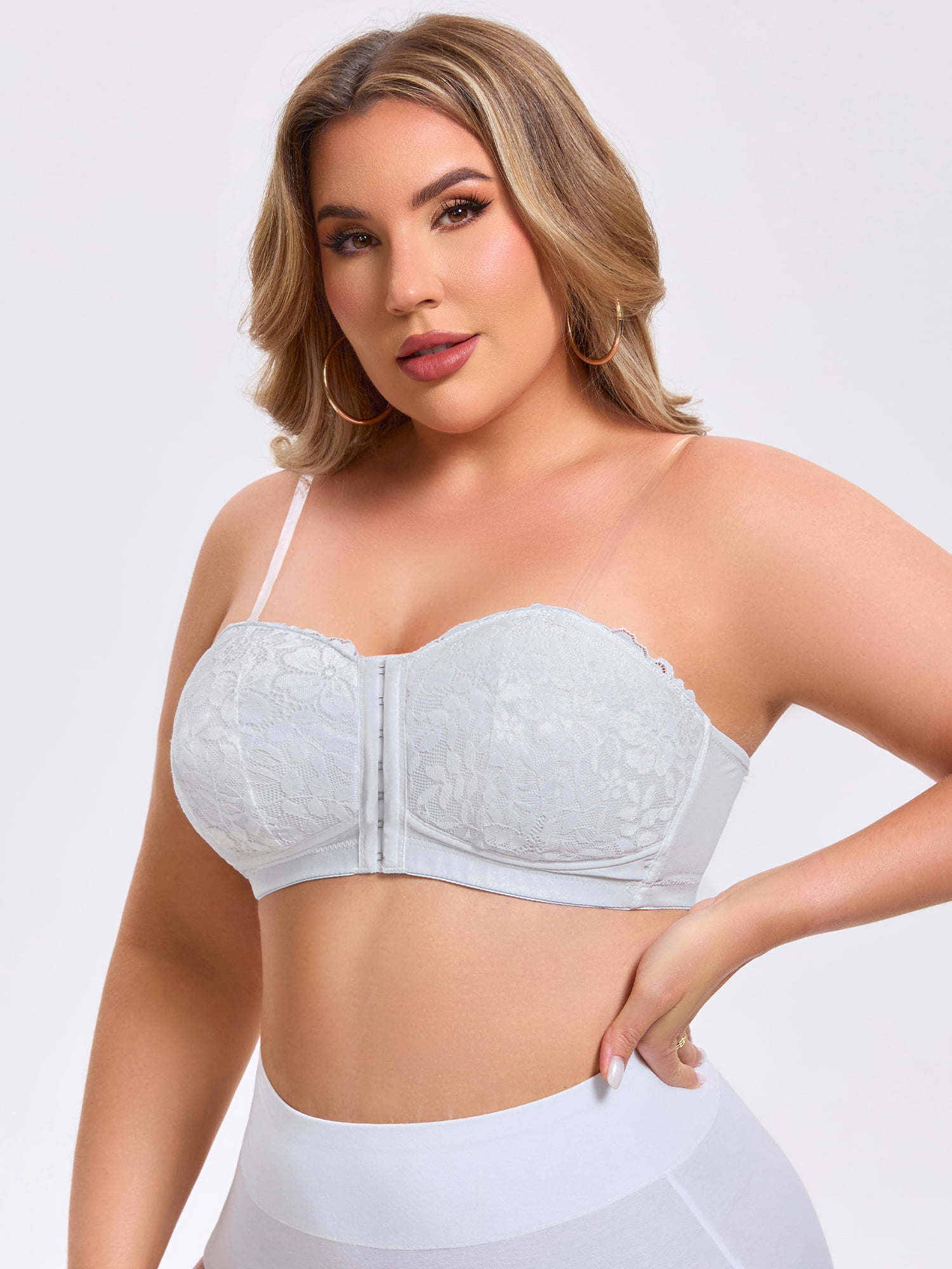 DARING DIVA Women's Lace Tube Front Closure Push Up Padded Underwire Bra XL White