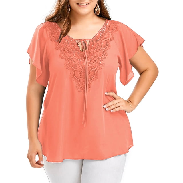 Innerwin T Shirt Solid Color Ladies Chiffon Tops Holiday V Neck Plus Size Tunic Blouse Pink XXL