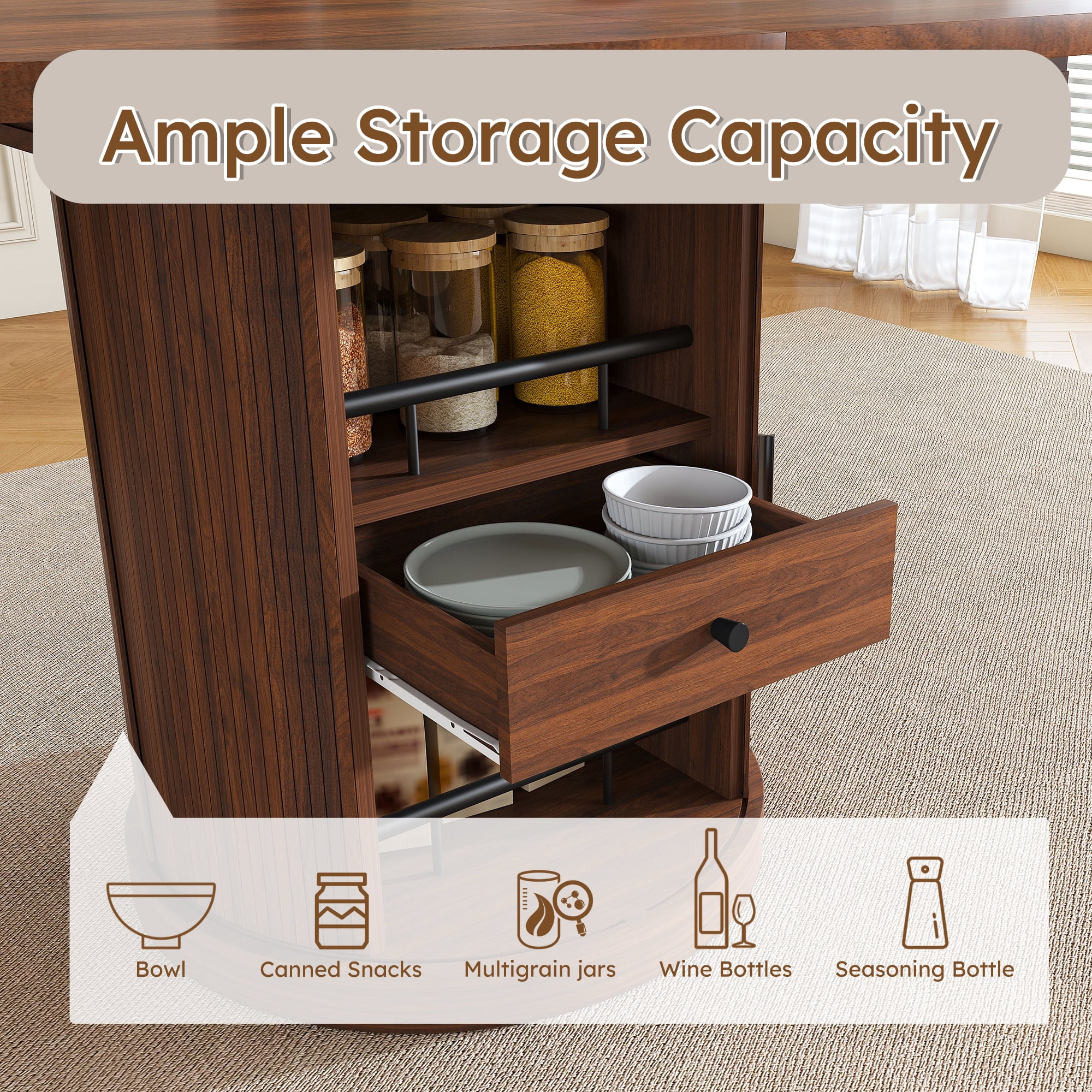 Extendable Dining Table, 47-59 Inch Oval Table with 2-Tier Open Storage and Pedestal Base, Space-Saving Design for Kitchen, Walnut Finish