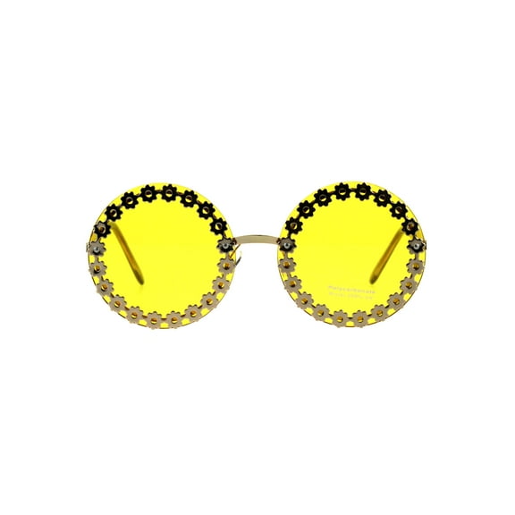 Womens Floral Metal Stud Circle Round Lens Hippie Sunglasses Yellow