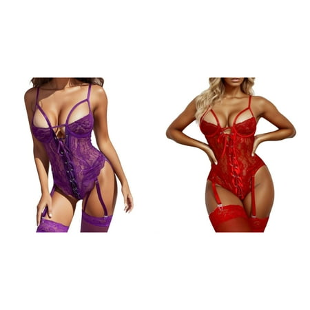 2-Pack Women Fashion Lace Up Front Floral Lace Garter Teddy Bodysuit Red Lace Lingerie Bodysuit Lingerie for Women Snap Crotch Lingerie for Women plus Size Christmas Women Lingerie Push