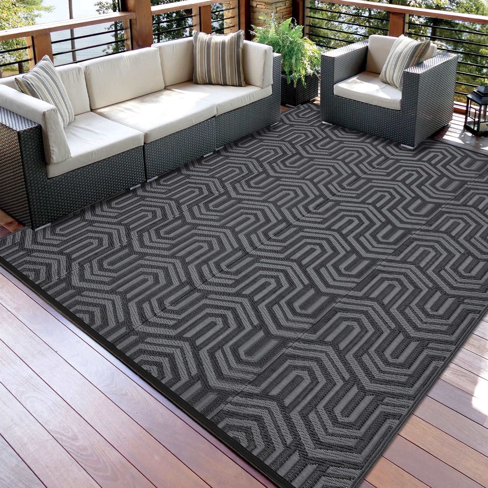 HIWEAVER 9' x 12' Black/Gray Outdoor Rug PP Plastic Straw Woven Waterproof Patio Rug with Border Portable Outside Carpet for Balcony Deck Picnic Garden Decor