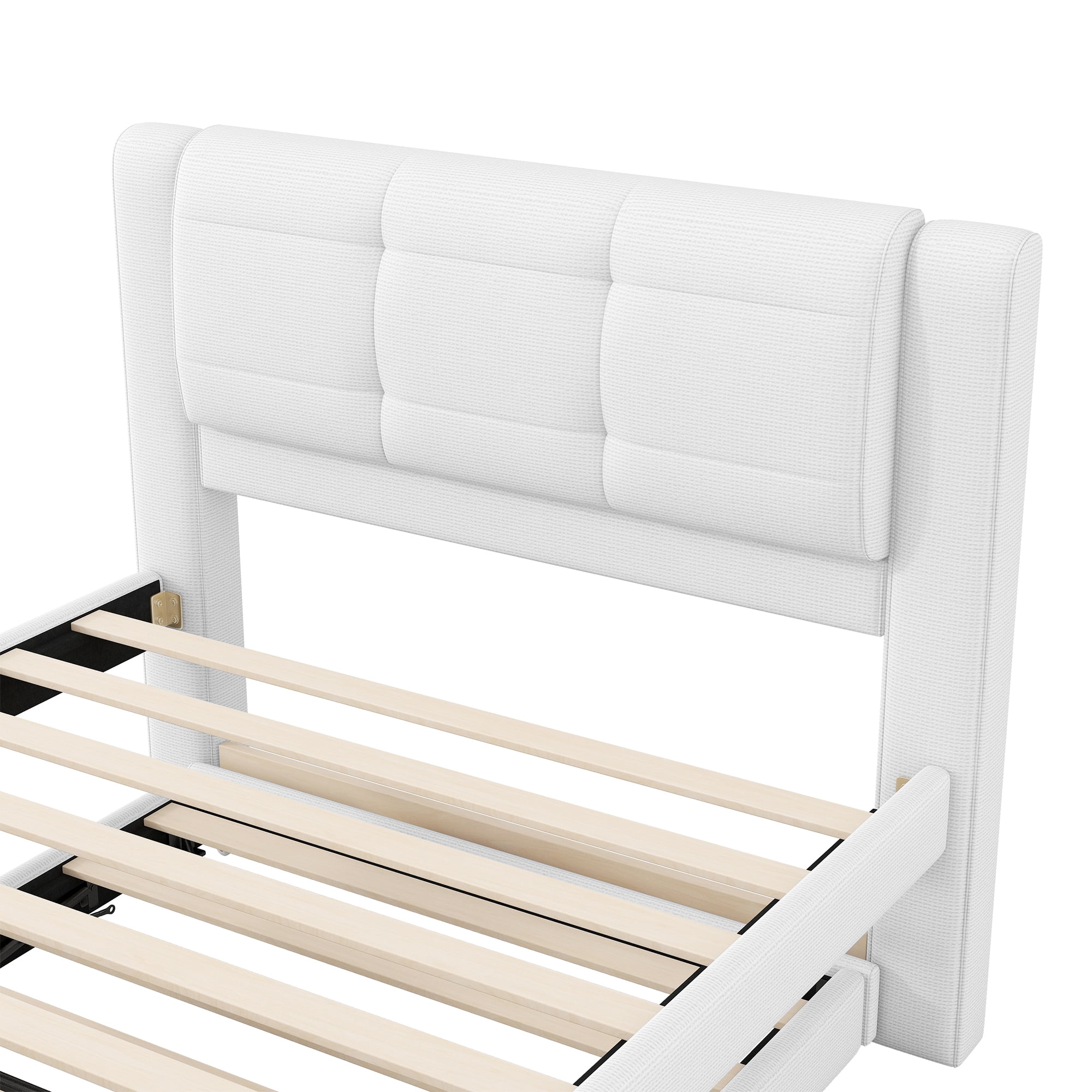 Euroco Upholstered Twin Platform Bed with Pop-up Twin Trundle for Bedroom, 2 Beds in One, Beige