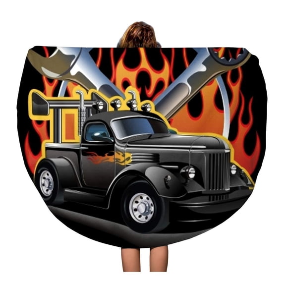SIDONKU 60 inch Round Beach Towel Blanket Car Retro Hotrod More See in My Portfolio Flame Travel Circle Circular Towels Mat Tapestry Beach Throw