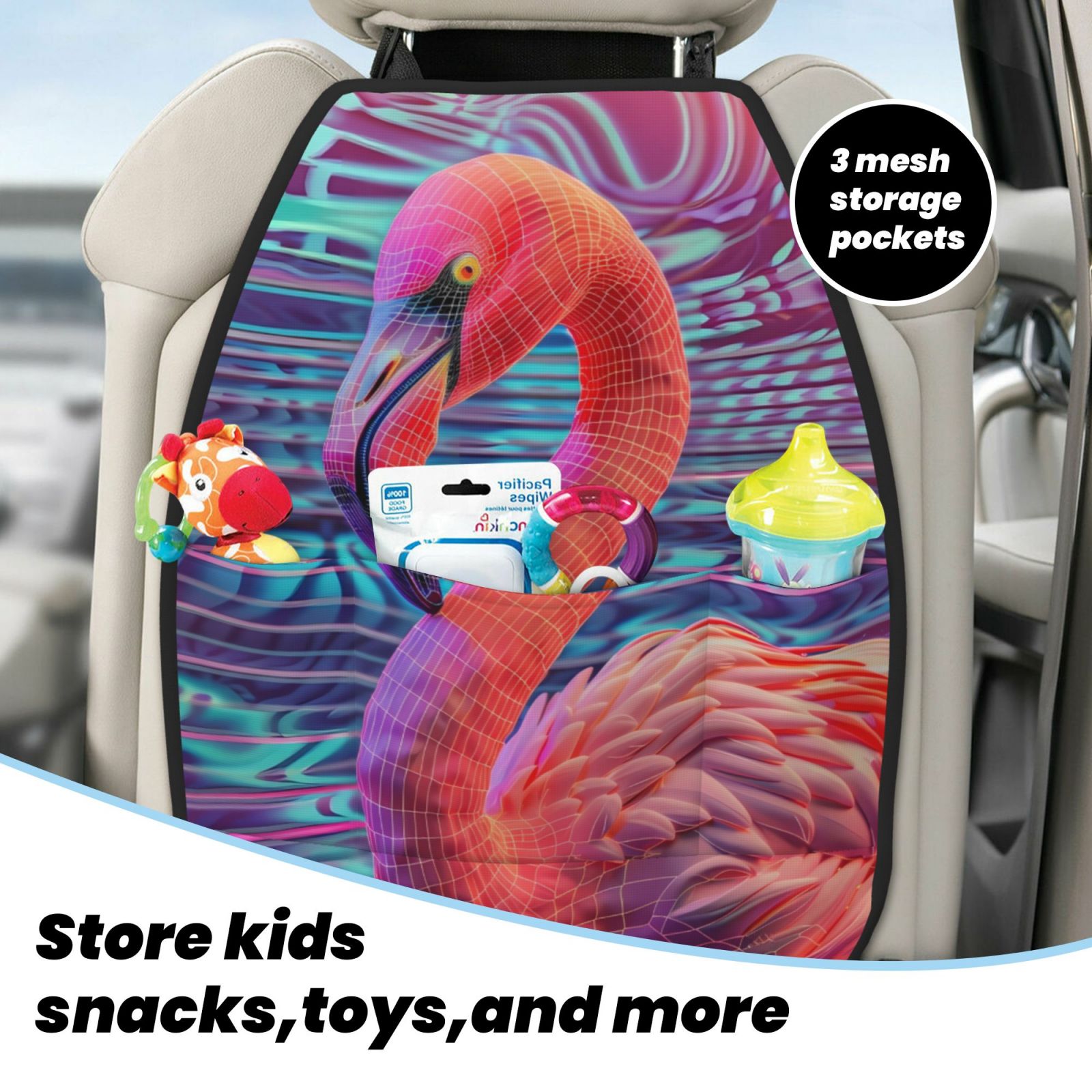 Kdxio Digital Flamingo Vibrant Art Print 2 Pack Car Kick Mat Seat Cover Back Protector Mat with Pockets for Organizer Backseat Protector and Storage Anti Kick Pad for Vehicles