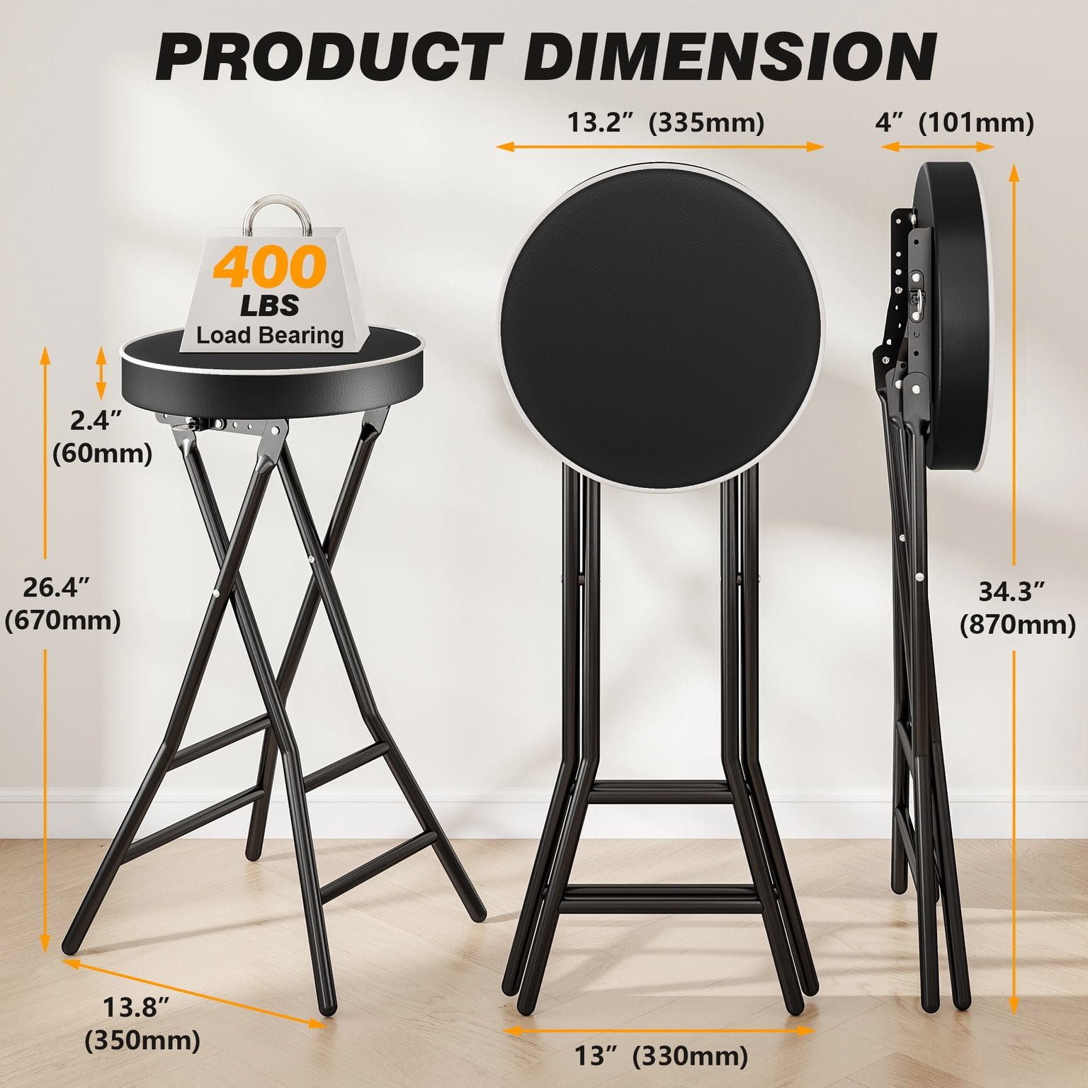 26 inch Height Folding Stool, 400 lbs Capacity, Faux Leather Seat for Outdoor, Camping