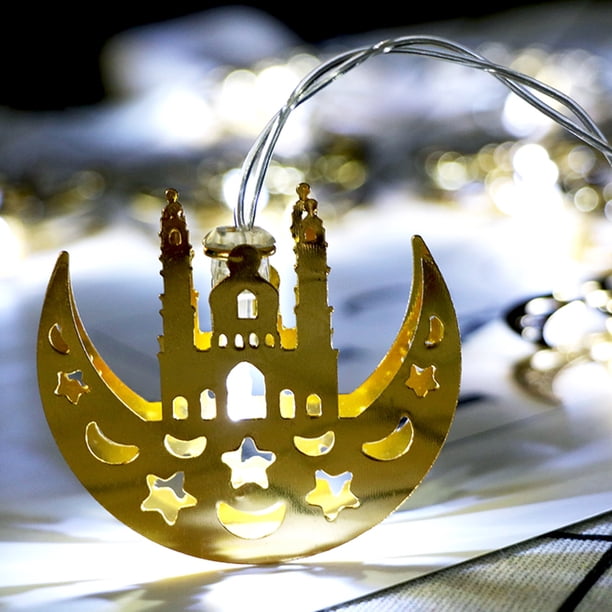 Fiudx Faroles para Ramadán Eid, Led Blanco Cálido o Multicolor, Diseño de Hierro Dorado, Decoración Interior, Ambiente Festivo, 10 Luces Led, 165 Cm de Largo, Funciona con Pilas.