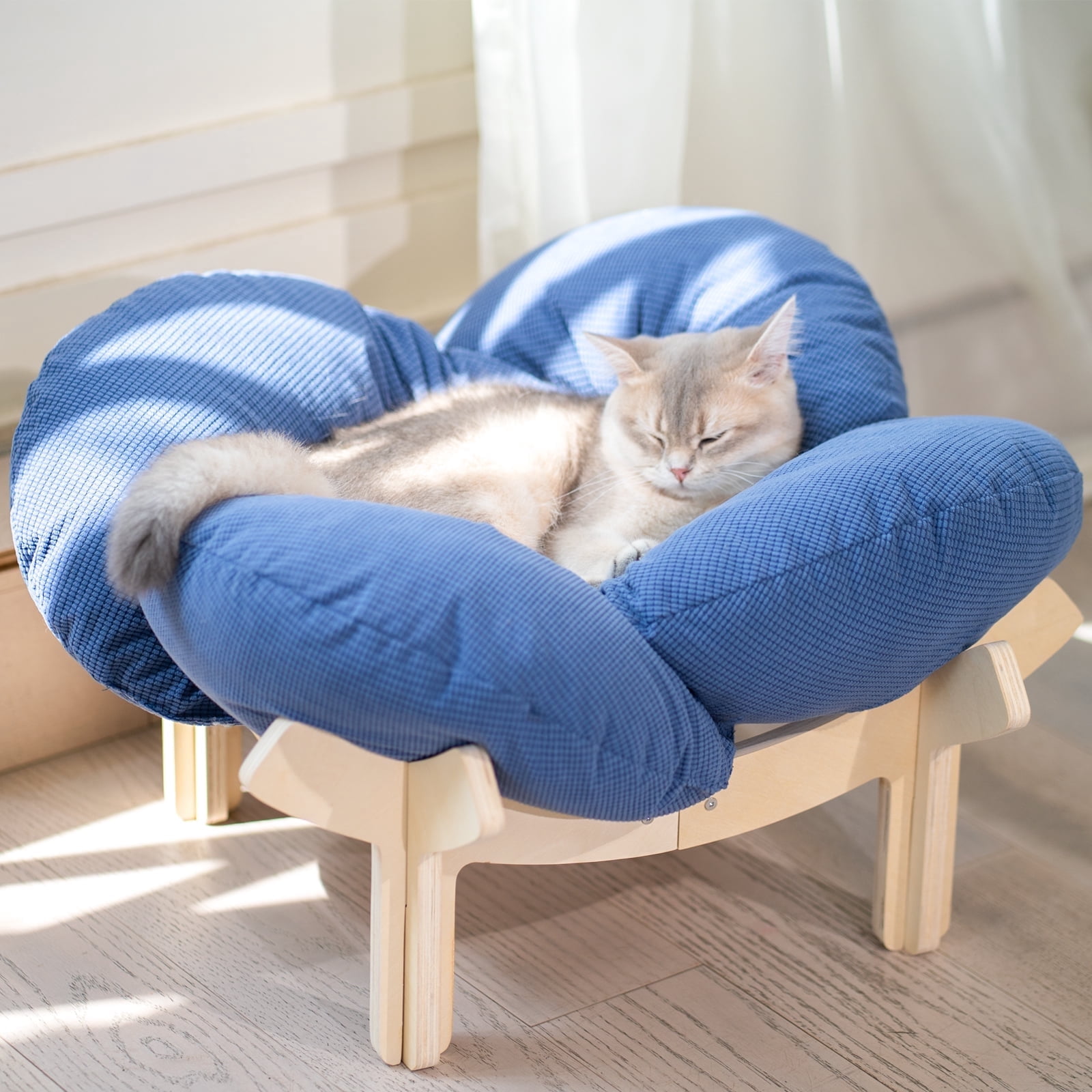 CheerPals Elevated Cat Bed Wooden with Cushion Fluffy Pet Couch Sofa for Indoor Cats Raised Kitty Lounge Chair Suitable for Puppy, Cat Furniture(Dark Blue)