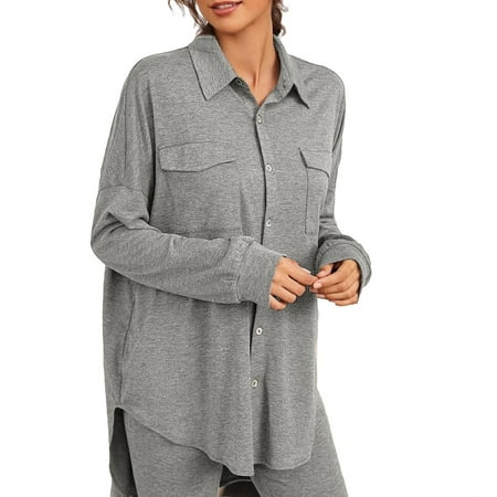 

Casual Plain Collar Pant Sets Light Grey Long Sleeve Women Pajama Sets L