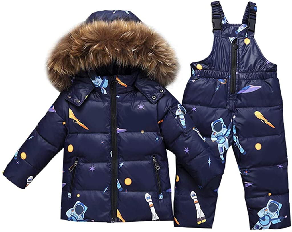 Happy childhood Little Unisex Baby Two Piece Winter Warm Snowsuit Puffer Down Jacket with Snow Ski Bib Pants Outfits