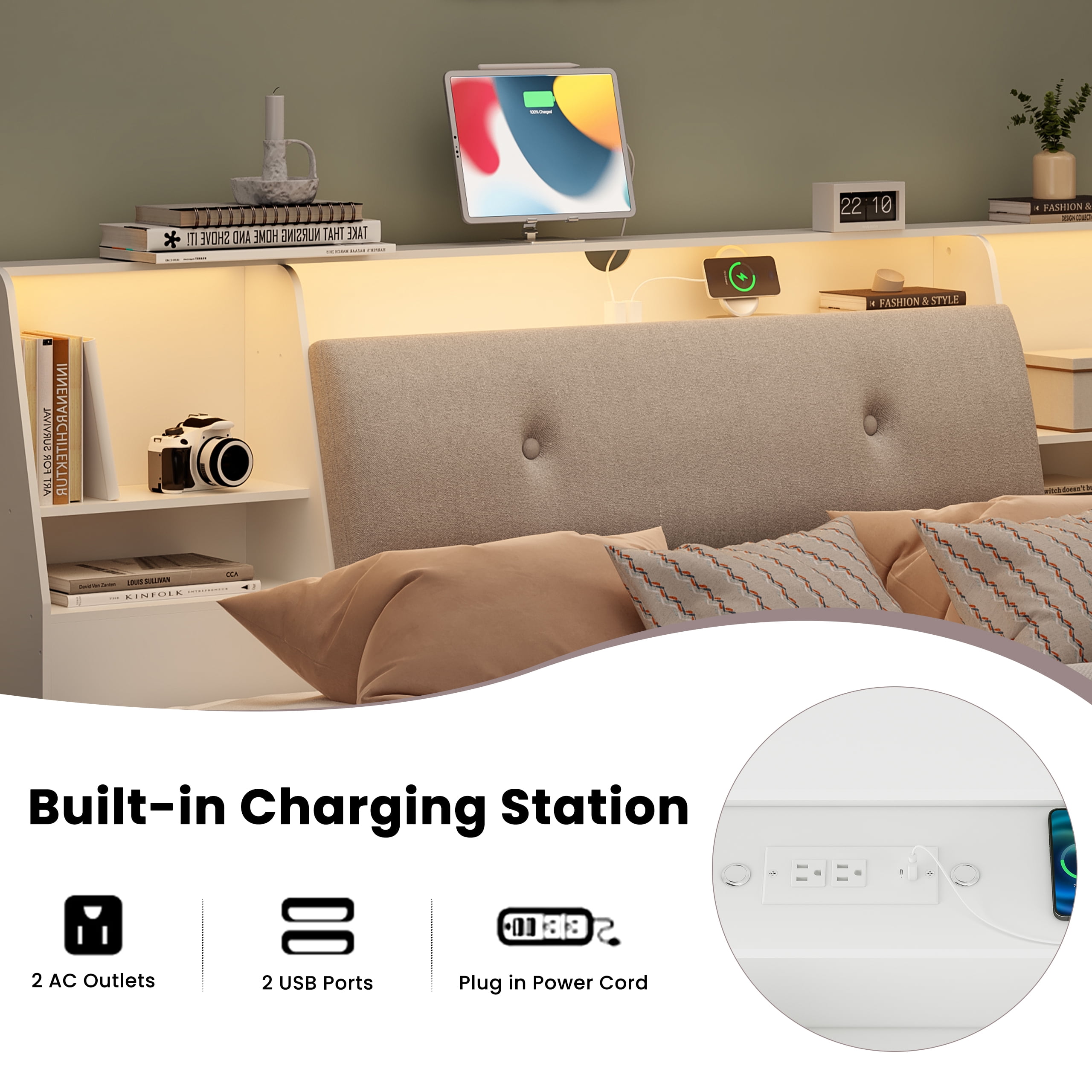 Someet 2 in 1 King Size Removable Upholstered Bookcase Headboard with 2 USB & 2 Type-C Port & Power Outlets & LED Light, White