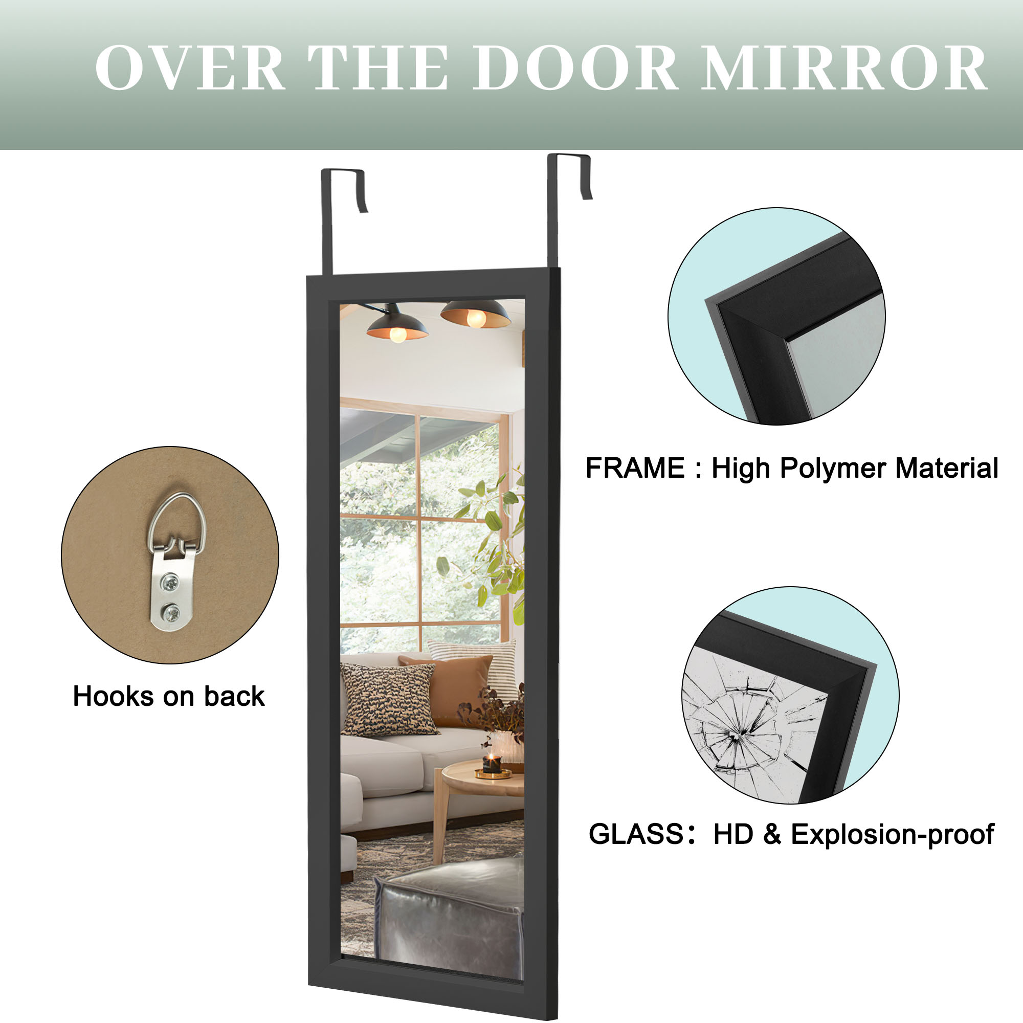 43"*18" Full Length Over the Door Mirror Rectangle Hanging Mirror for Bedroom Living room Black