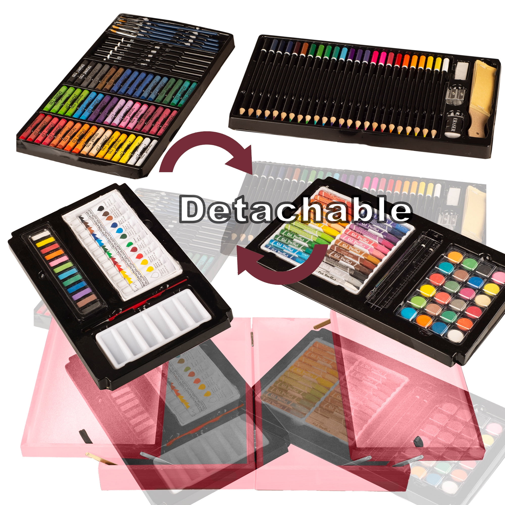 KINSPORY 168Pcs Drawing Painting Set, Deluxe Wooden Art Set Crafts Coloring Book, Sketch Pad, Gift for Artist Beginners Kids Girls Boys (Pink)