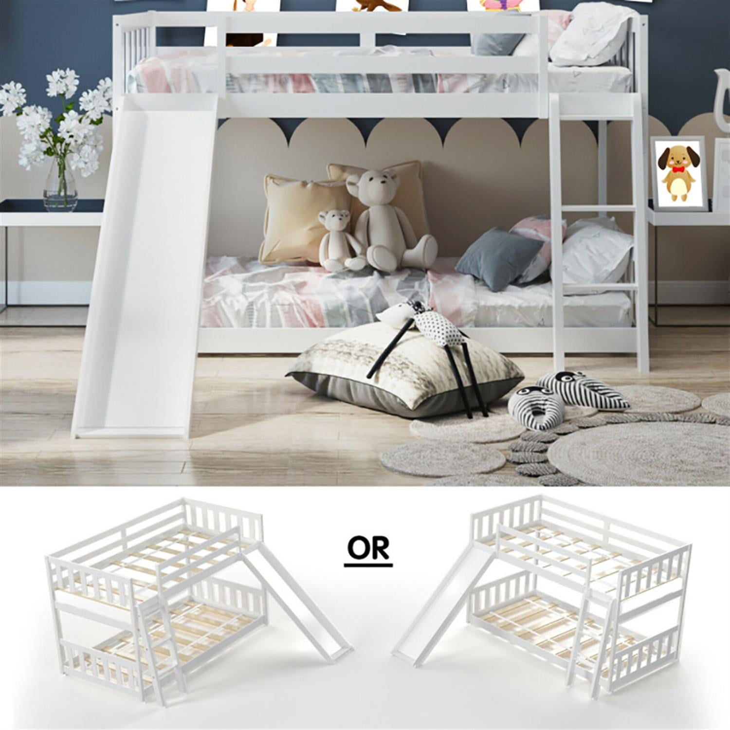 Demi Bonn Twin Over Twin Bunk Bed with High Guardrails and Slide Ladder, Twin Bunk Solid Wood Low Beds, Bed Frame, White