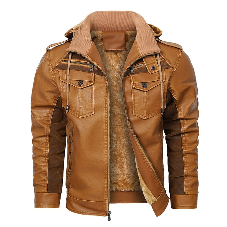 JUUYY Men's Faux Leather Bomber Jacket Hooded Fleece g Coat Retro