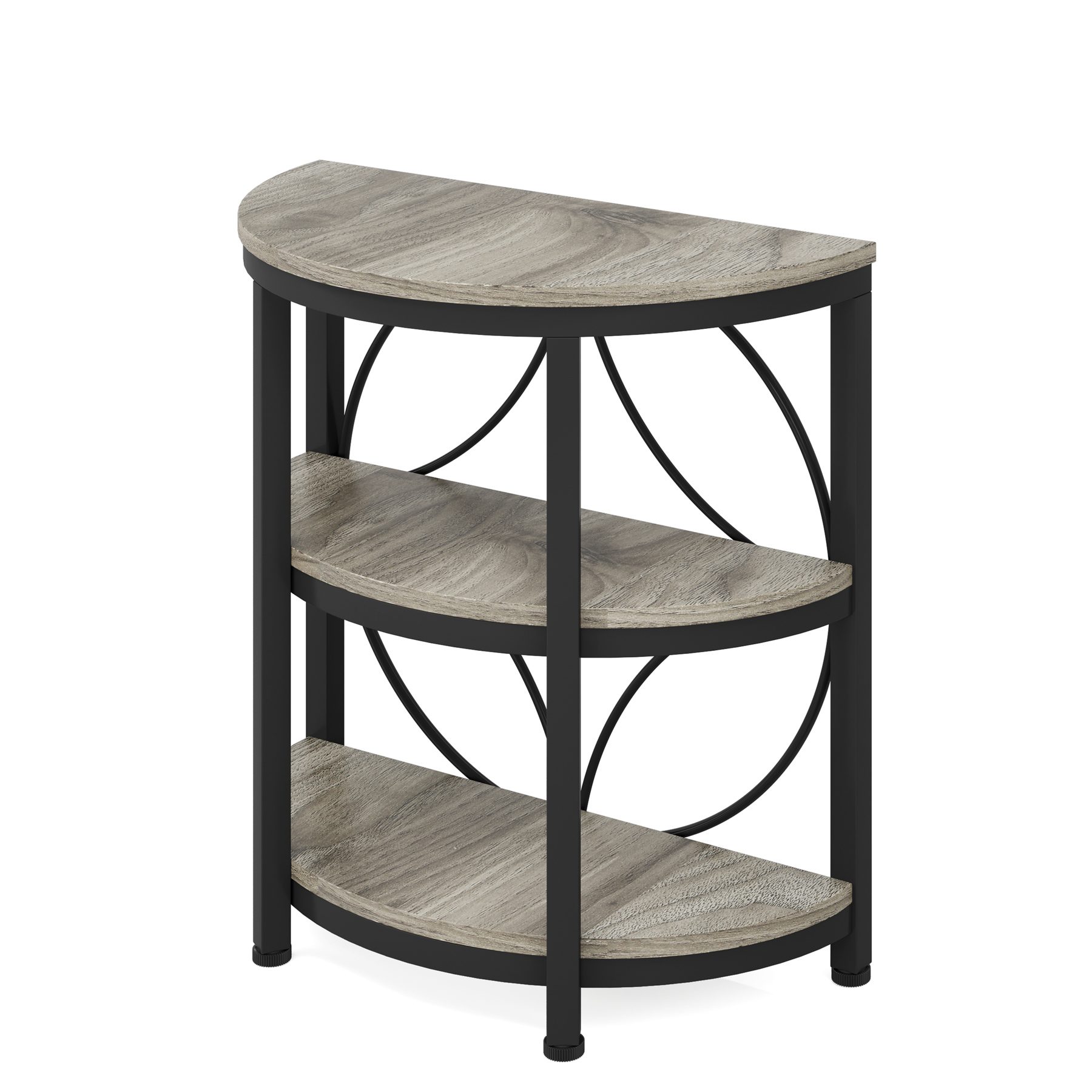 MAYEERTY Half-Round Side Table Rustic Brown Top Black Metal Legs 3-Tier Open Shelves