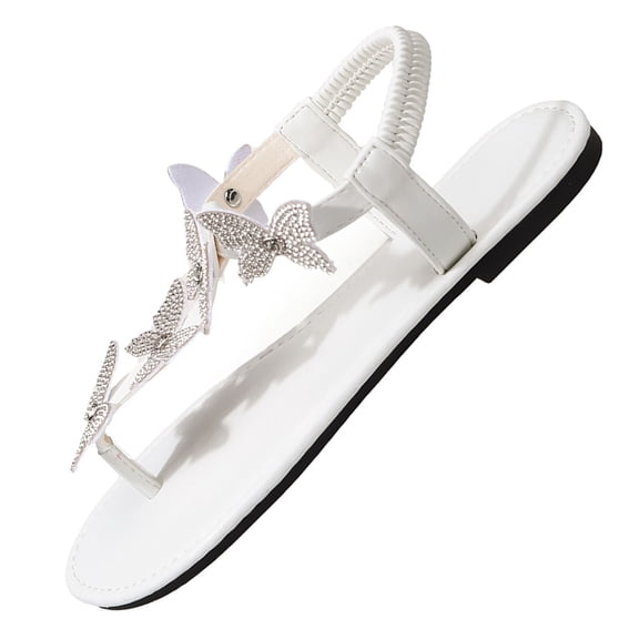 HomeDM Women's Flat Sandals Open Toe Elastic Ankle Strap Thong Sandals Dressy Bohemian Summer Beach Slides, White Size 7