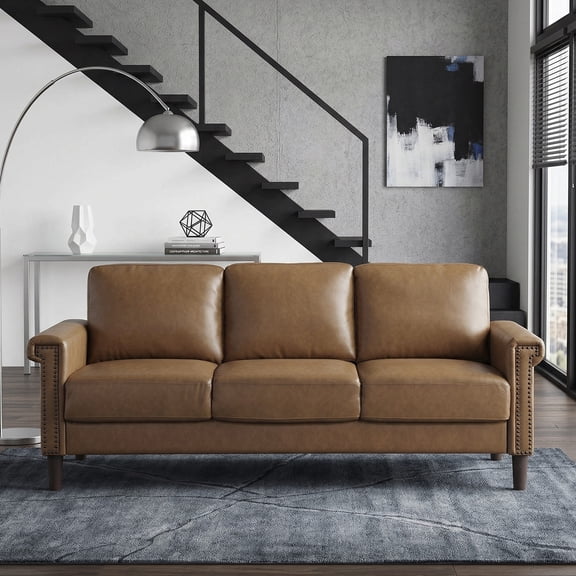 OakvillePark Hartwell Faux Leather Sofa with Nailhead Trim, Brown