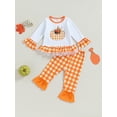 thumbnail image 3 of Kid Little Girls Thanksgiving Pants Clothes Set, 12M 18M 24M 2T 3T 4T 5T 6T Long Sleeve Pumpkin/Turkey Print T-shirt with Plaid, 3 of 9