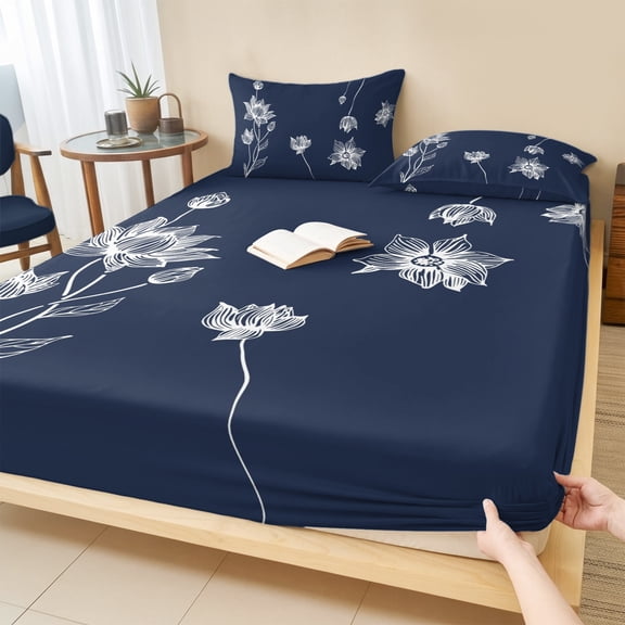 Cal.King Size Fitted Sheet Set - Navy Blue White Floral 3 Piece Bedding Sets 16" Deep Pocket Fitted Sheet with 2 Pillowcases, Abstract Art Summer Botanical Brushed Microfiber Hotel Luxury Bed Sheets