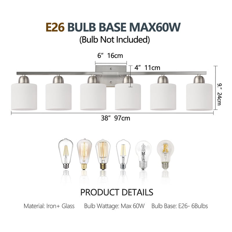 38.2" Nickel Vanity Light Fixture - 6-Light Bathroom Wall Sconce with Milky White Glass Shades, Vintage Style Mirror Lighting for Bedroom & Bathroom (Bulbs Not Included)