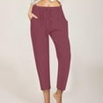thumbnail image 2 of VBVC Women's Linen-Cotton Cropped Pants,Straight Legs Capri Trousers For Women,Ladies Drawstring Jogger with Pockets,Wine,Size L, 2 of 6