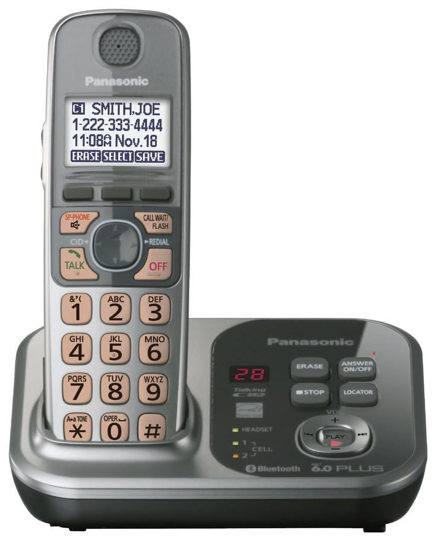 Panasonic KX-TG7731S - Cordless phone - answering system - with Bluetooth interface with caller ID/call waiting - DECT 6.0 Plus - 3-way call capability - silver - image 2 of 2