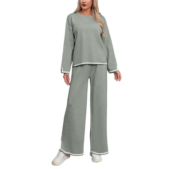 Roncen Women's Knit Lounge Set - Ribbed Crop Top & Wide Leg Pants, Solid Color Stretch Cotton Blend Two Piece Outfit for Casual & Home
