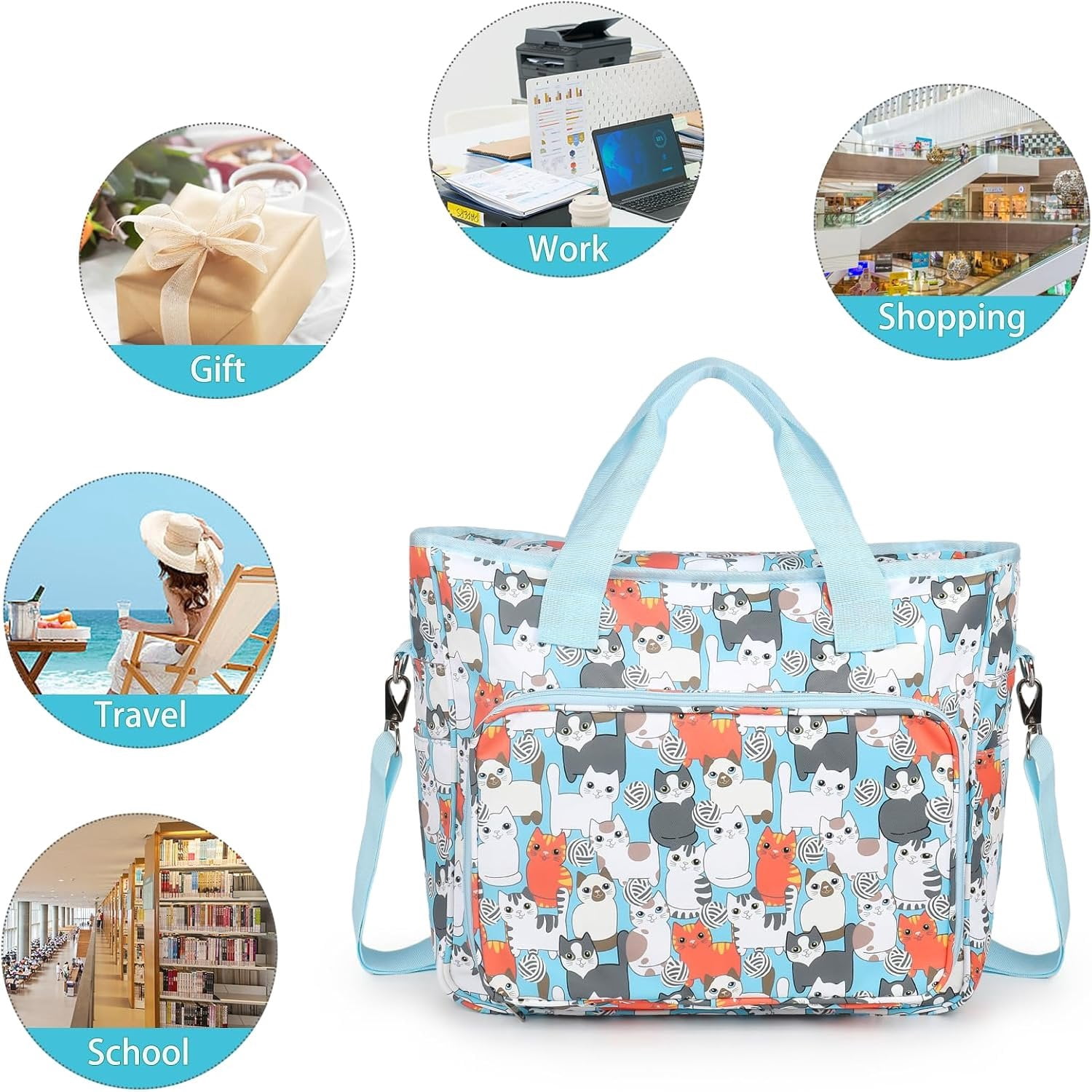 Yarn Storage Organizer Travel Crochet Bag, Large Capacity Tote Bag Knitting Bag for Carrying Projects, Knitting , Crochet Hooks and Yarn, Cute Blue