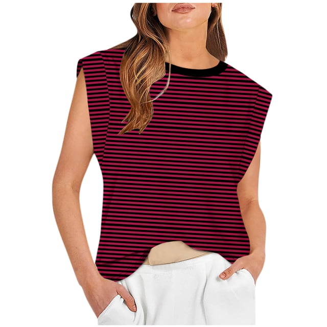 T-shirts d'Été pour Femmes Manches Courtes Mode Rayé Col Rond Débardeurs Décontractés Coupe Ample T-shirts (S, Vin)