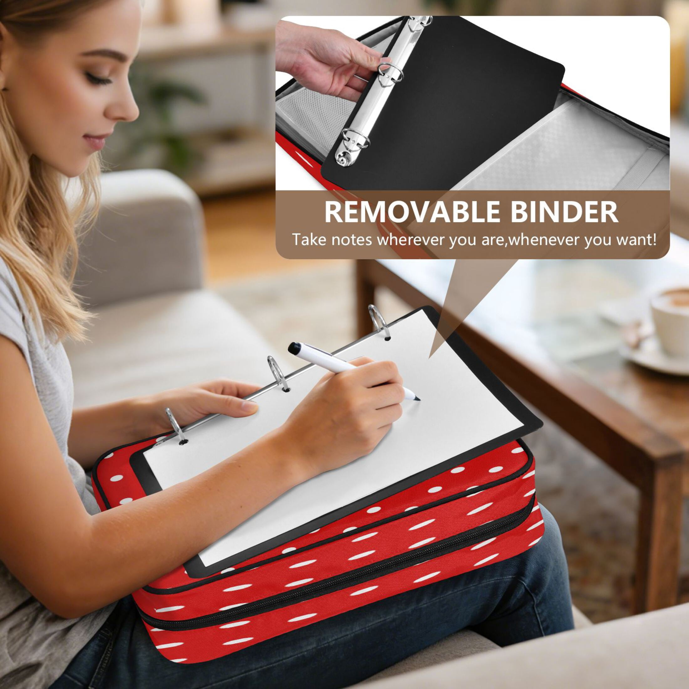 3 Ring Zipper Binder with Accordion File Organizer Waterproof Back to College Binder - 7 Layer Document Organizer for Study Home Office College Travel Supplies Red White Mini Polka