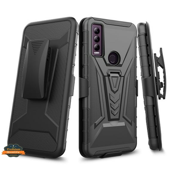 Xpression Cover for Cricket Ovation 3 Hybrid Stand Belt Clip Holster with Built-in Kickstand, Heavy Duty Shock Absorption Armor Rugged Phone Case - Black