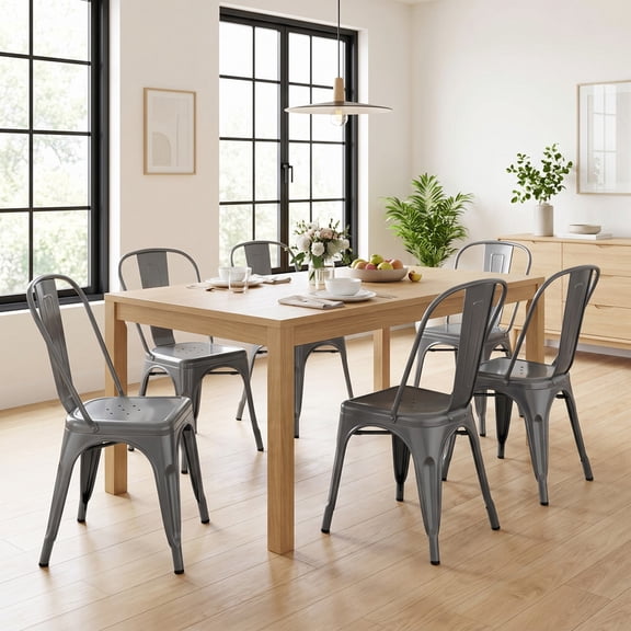 Metal Dining Chairs Set of 6, Stackable Chairs with Backrest, Indoor Outdoor, Gray