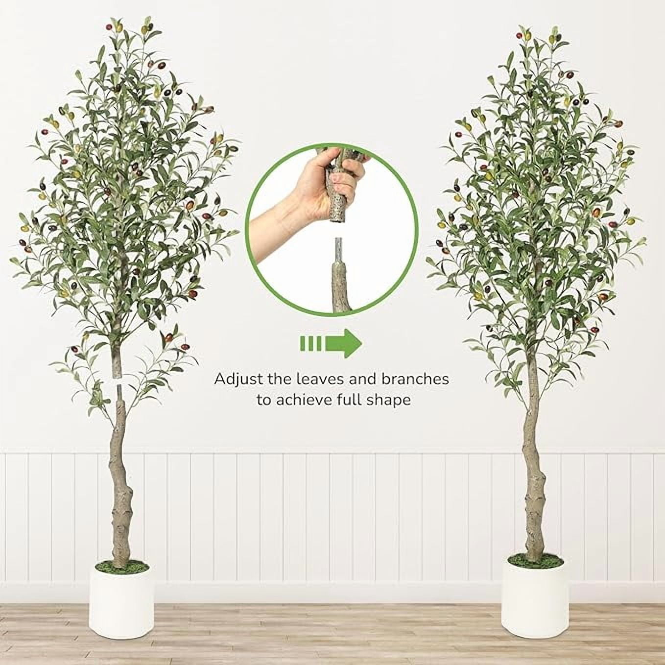 Artificial Olive Tree 7FT Tall Faux Olive Tree Indoor Fake Silk Plant with Realistic Trunk, Leaves, Fruits and White Planter, Faux Potted Tree for Home Decor and Housewarming Gift, 2 Pack