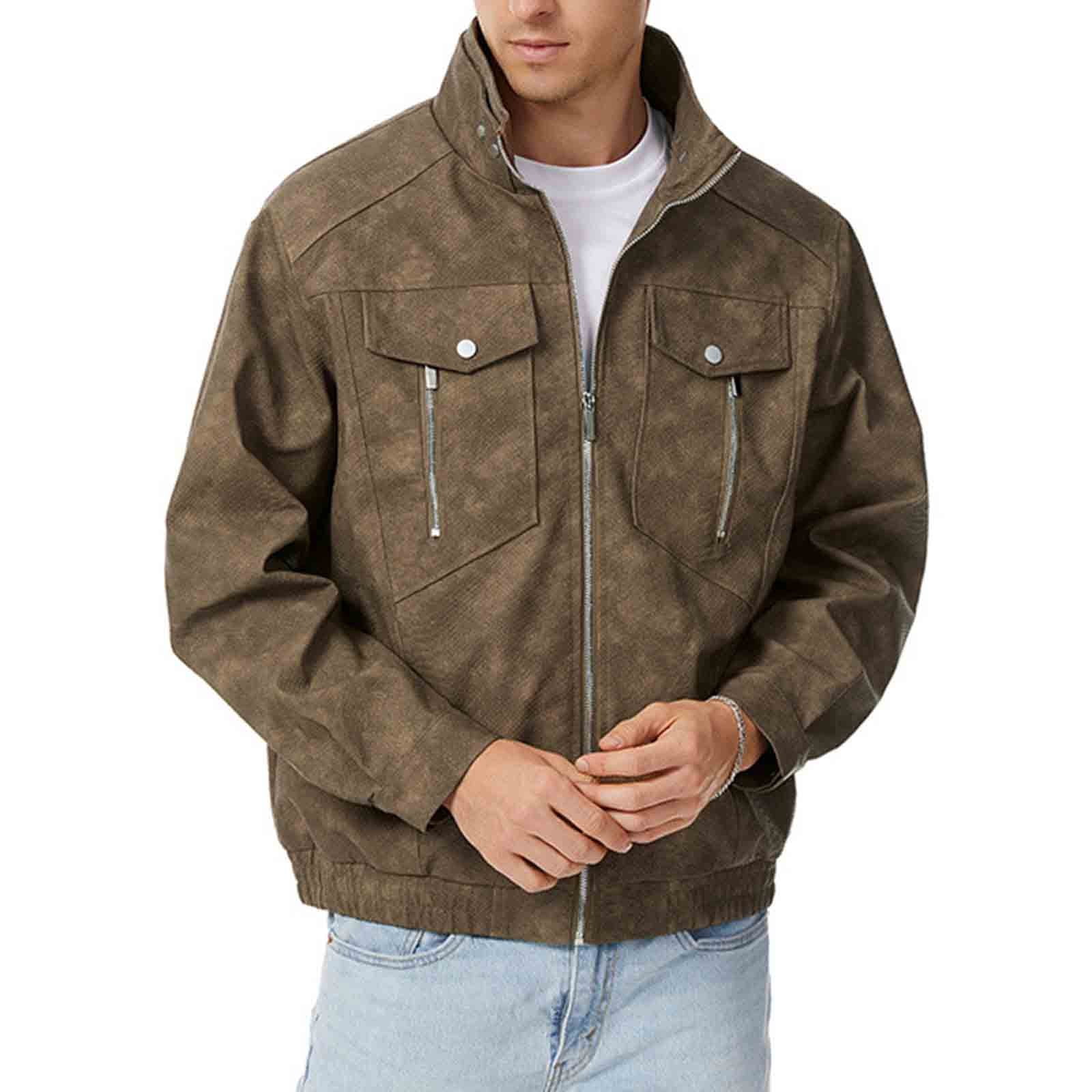 Abomasnow Men's Big & Tall Faux Leather Denim Jacket Vintage Zip Up Turtleneck Jean Jacket with Multiple Pockets M-4XL