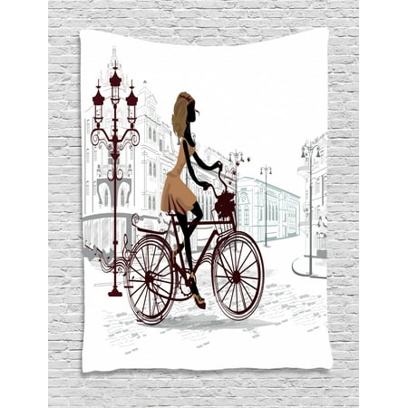 Paris Themed Bedroom For Teenagers Teen Room Decor Tapestry, Young Girl in Paris Streets with Bike French Display, Wall Hanging for Bedroom Living Room Dorm Decor, 40W X 60L Inches, Chestnut and Light Brown Pearl, by Ambesonne ()