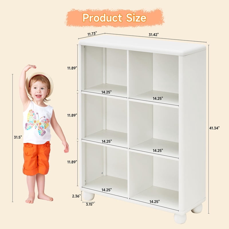 Tall Bookcase with 6 Cube Storage, Wooden Kids Bookshelf with Child Safe Paint, Girl Toy Storage Organizer Cabinet with Thick Board, Boy Large Book Shelves for Office Playroom Living Room