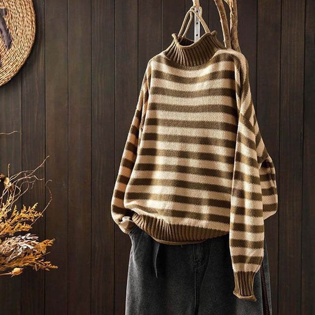 MPWEGNP Chandail Tricoté à Col Roulé Contrasté à Rayures Rétro pour Femmes, Manches Longues, Beige m