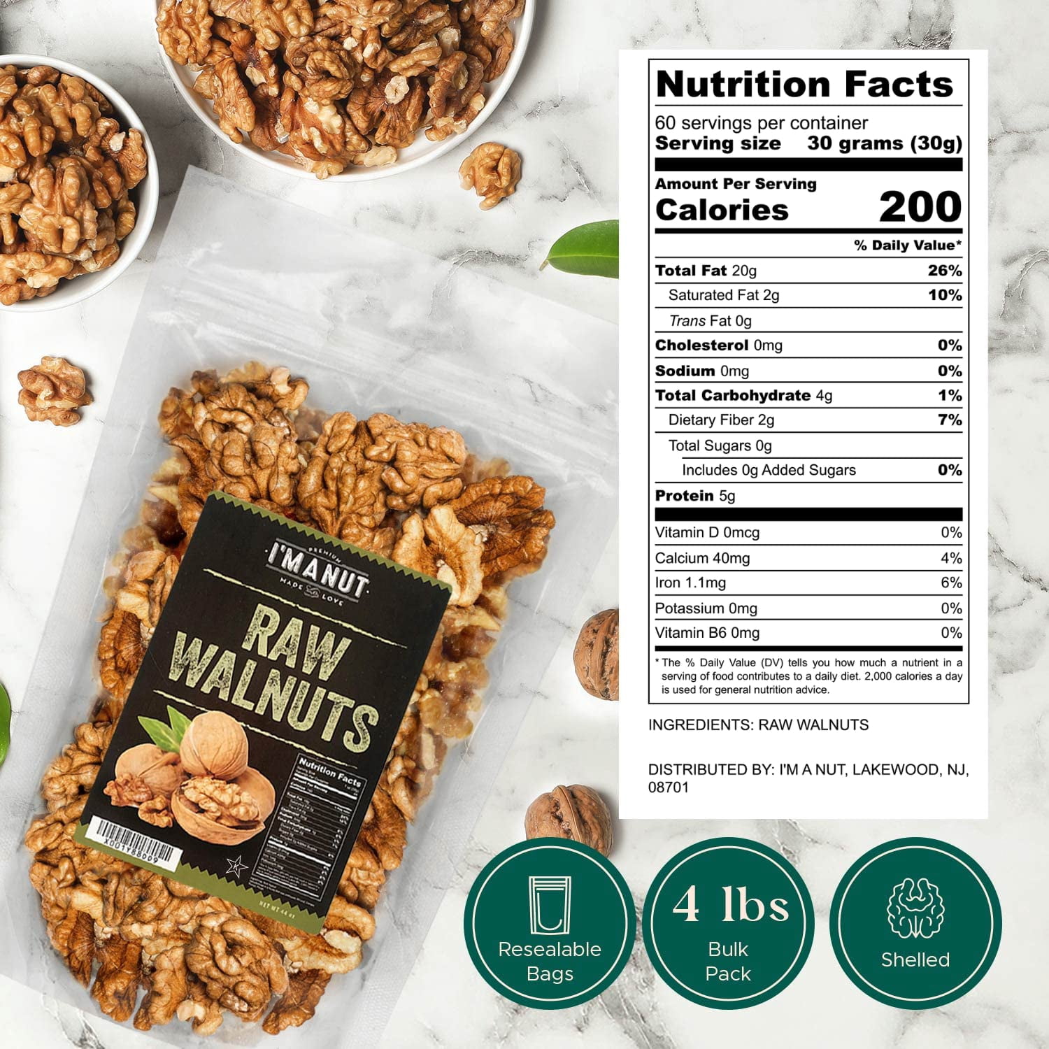 I'M A NUT California Raw Shelled Walnuts-Halves and Pieces-No PPO Non GMO Kosher Vegan- 48 oz