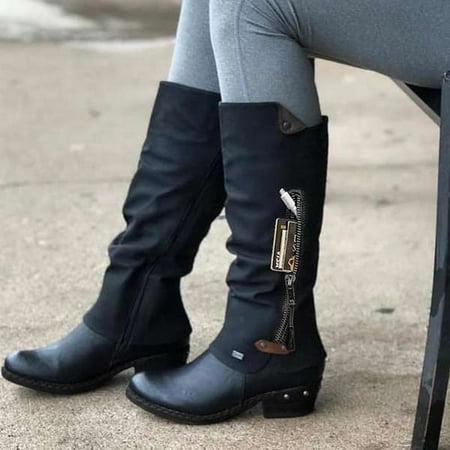 

Bxzhiri Women Zipper Square Heel Solid Color High Boots Knee-High Shoes Round Toe Boots