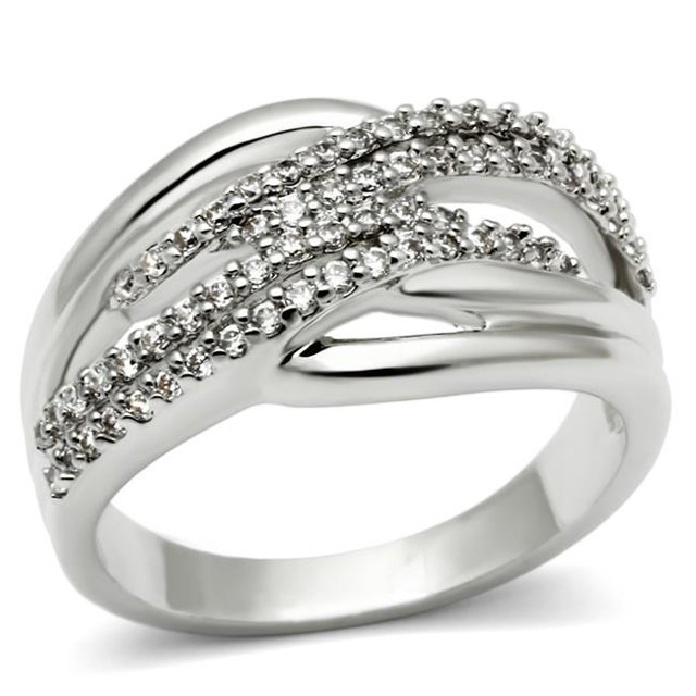 Women Rhodium Brass Ring with AAA Grade CZ in Clear - Size 6